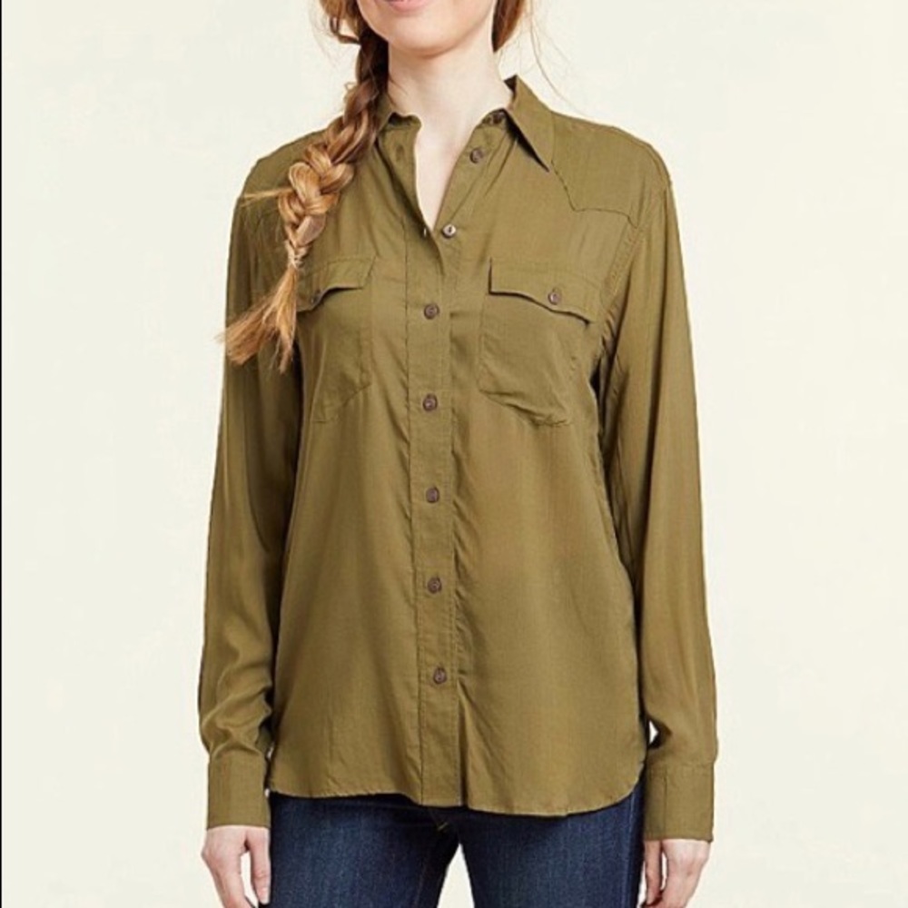 Frye • Olive Green Button-down Addie Top with Front Chest Pockets